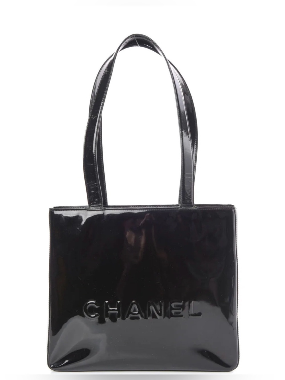 Chanel Vintage Black Patent Leather Logo Tote Bag Authenticity Card